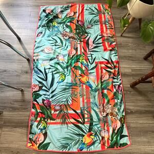 Johnny was double sided tropical and cheetah coral teal beach towel 67”x37.5”htf